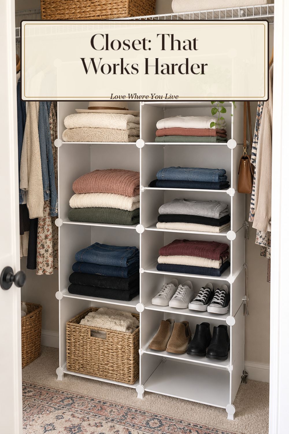 A realistic closet organizer in use in a naturally lit bedroom closet, photographed in a believable lived-in home.