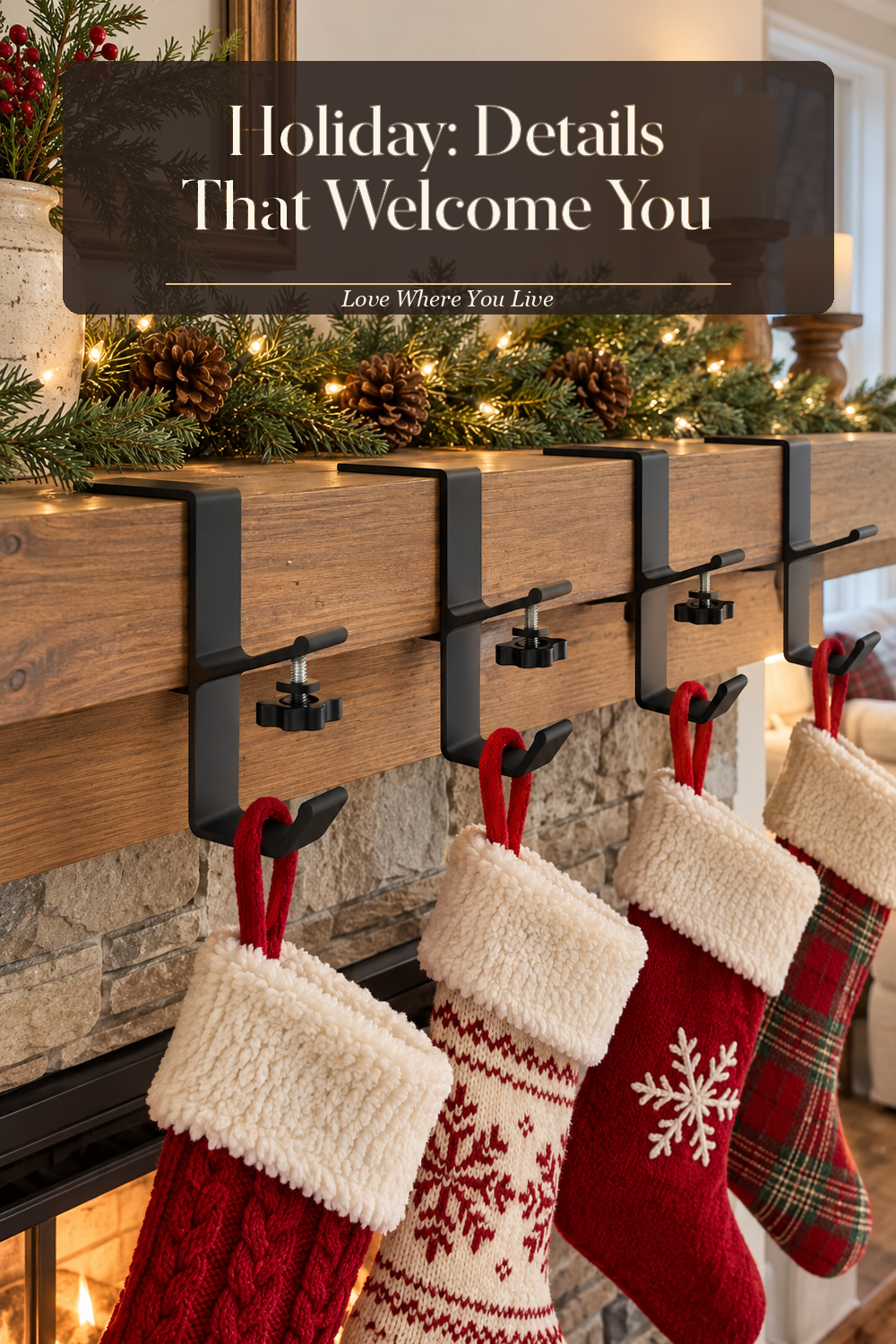 A realistic stocking holder in use in a naturally lit living room fireplace, photographed in a believable lived-in home.