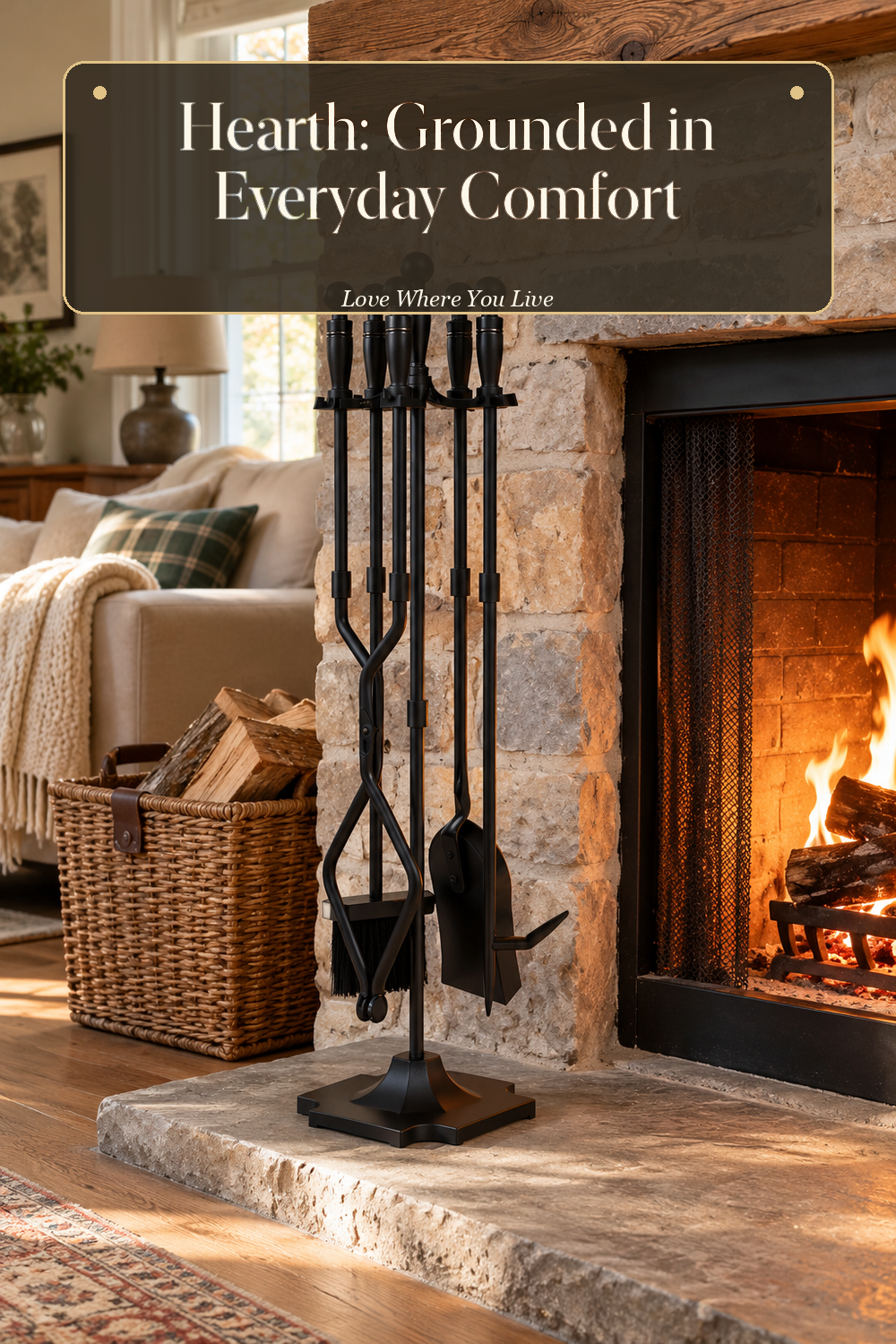 A realistic fireplace tool set in use in a naturally lit living room hearth, photographed in a believable lived-in home.
