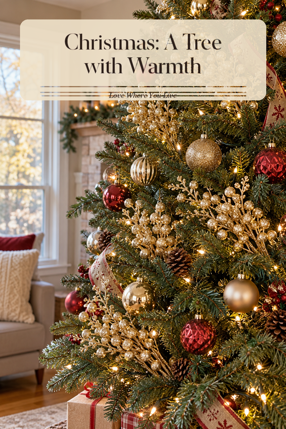 A realistic Christmas ornaments in use in a naturally lit living room Christmas tree, photographed in a believable lived-in home.
