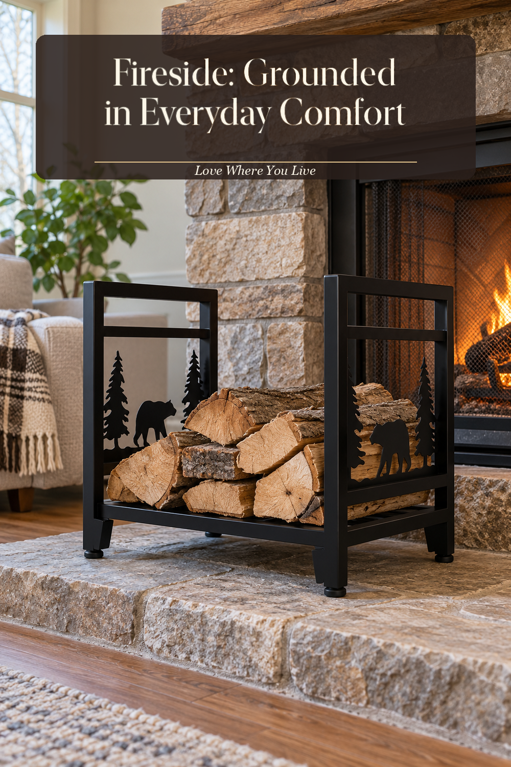 A realistic fireplace wood holder in use in a naturally lit living room hearth, photographed in a believable lived-in home.