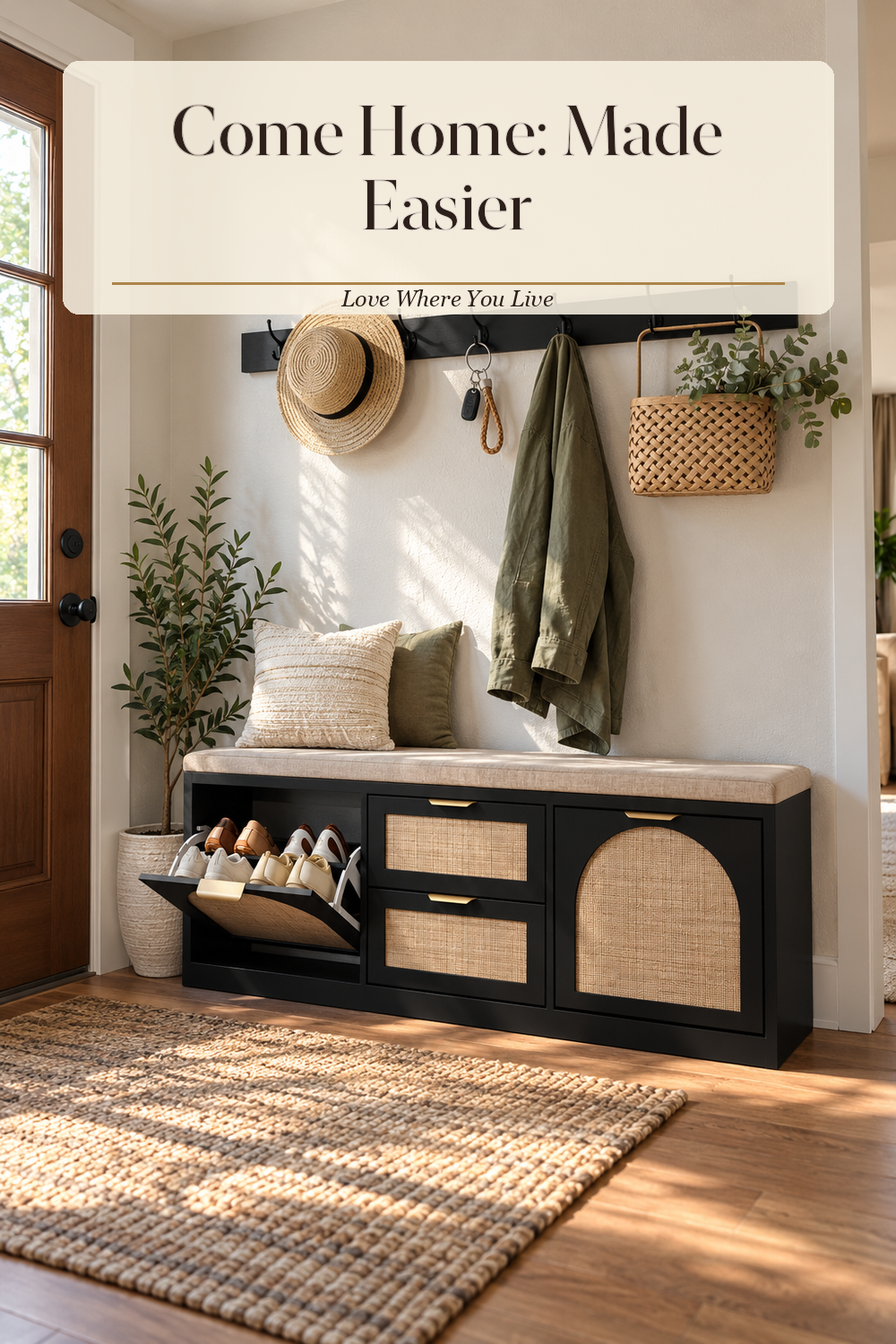 A realistic wall hook shelf in use in a naturally lit entryway, photographed in a believable lived-in home.