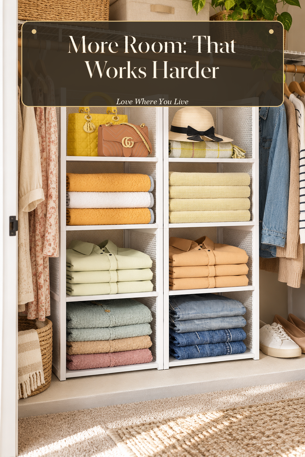 A realistic closet organizer in use in a naturally lit bedroom closet, photographed in a believable lived-in home.