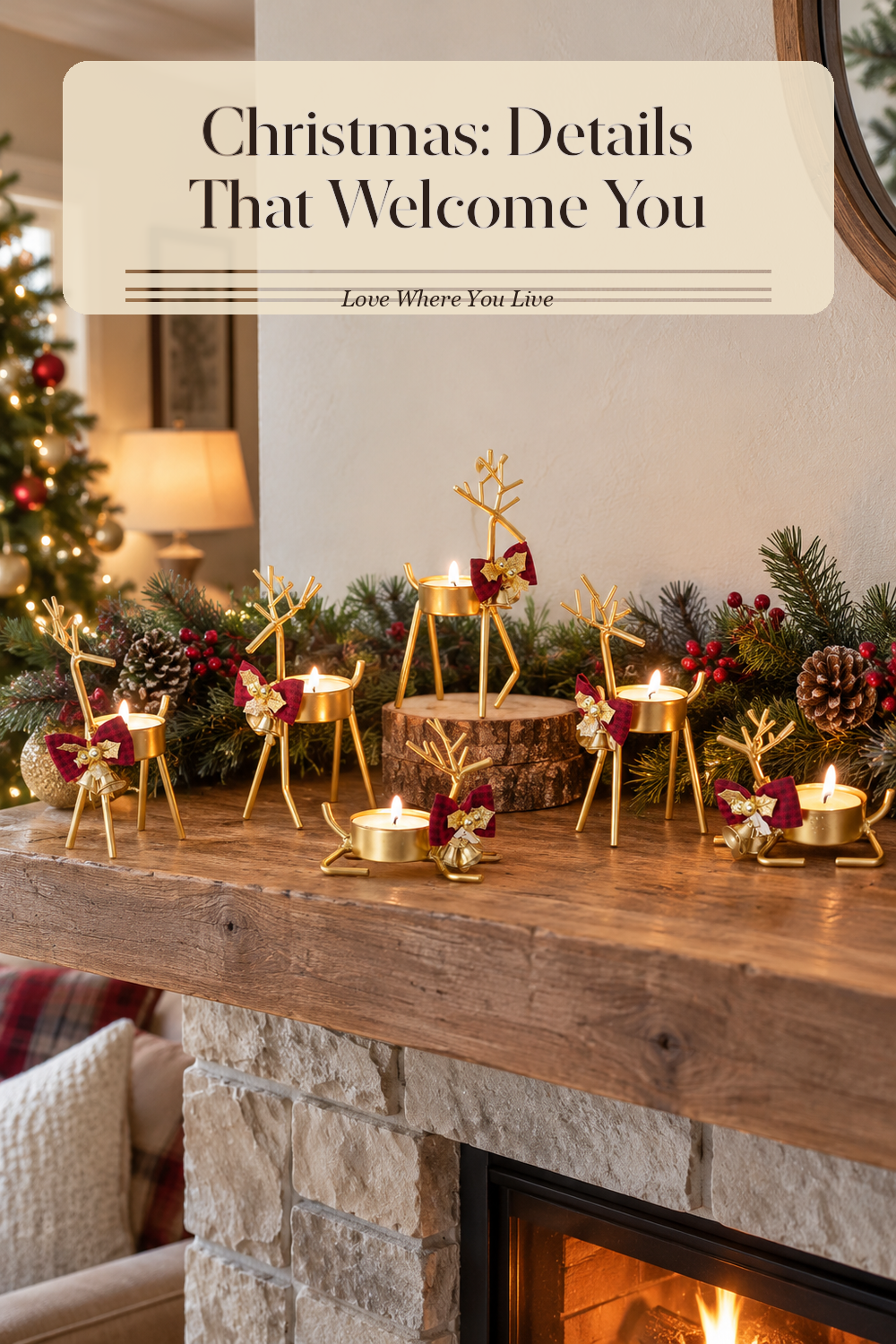 A realistic candle holder in use in a naturally lit living room fireplace, photographed in a believable lived-in home.