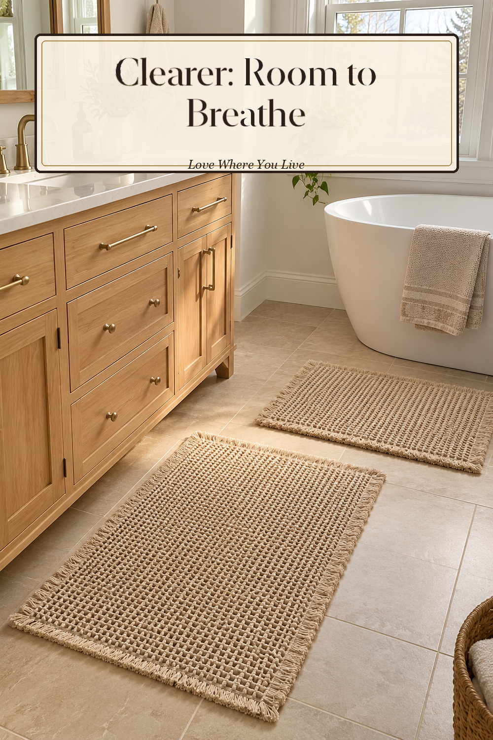 A realistic bath rug in use in a naturally lit bathroom, photographed in a believable lived-in home.