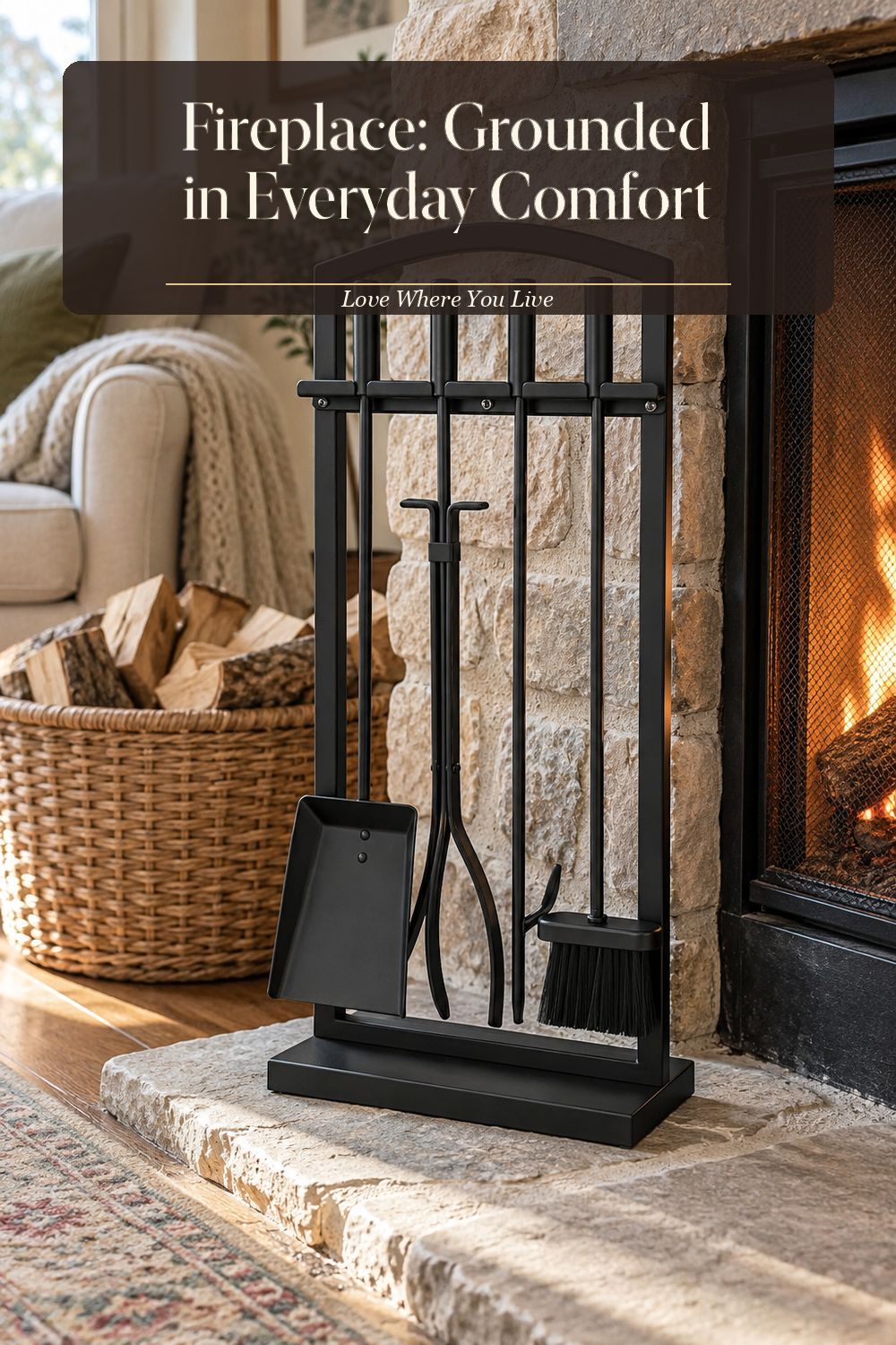 A realistic fireplace tool set in use in a naturally lit living room hearth, photographed in a believable lived-in home.