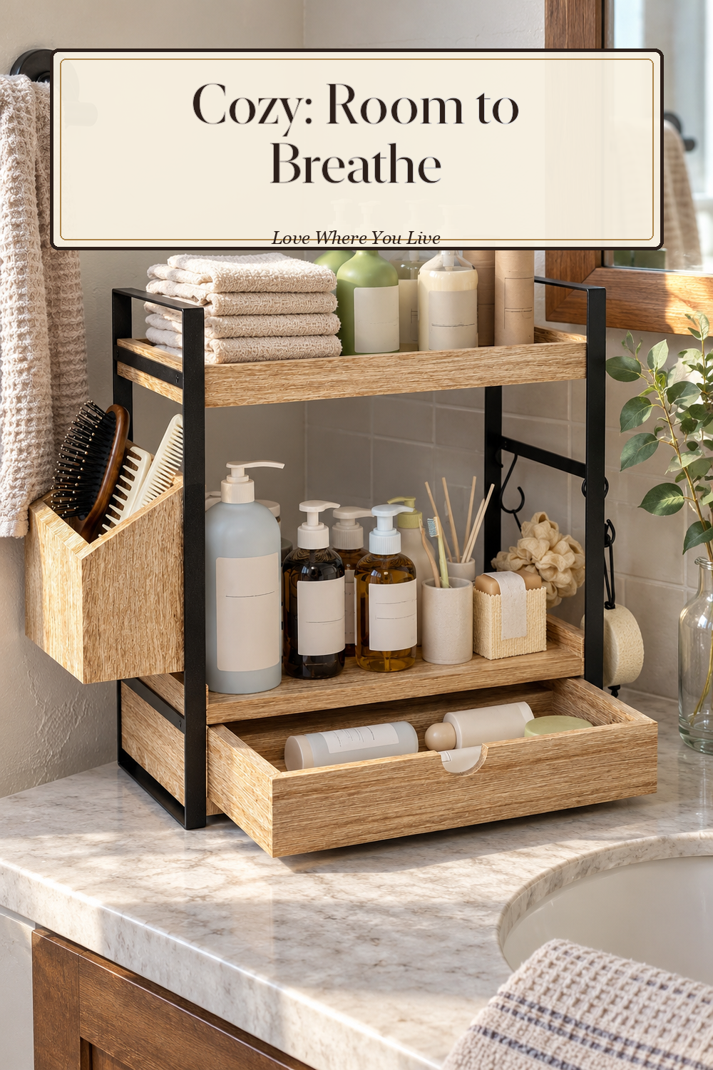 A realistic bathroom organizer in use in a naturally lit bathroom, photographed in a believable lived-in home.