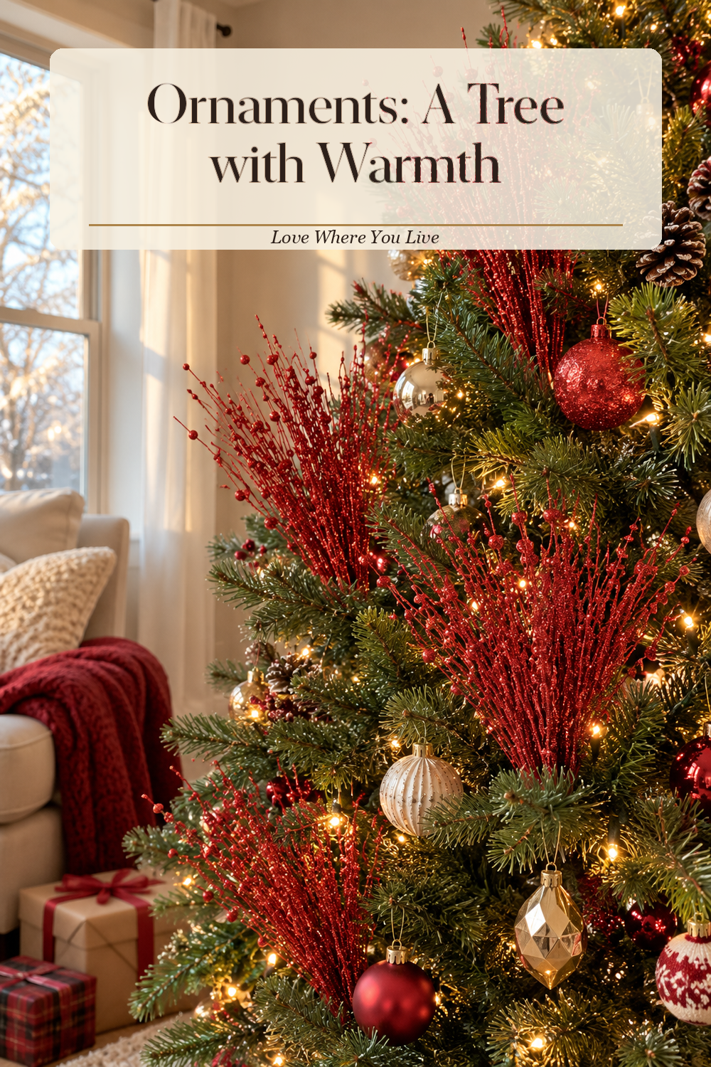 A realistic Christmas ornaments in use in a naturally lit living room Christmas tree, photographed in a believable lived-in home.