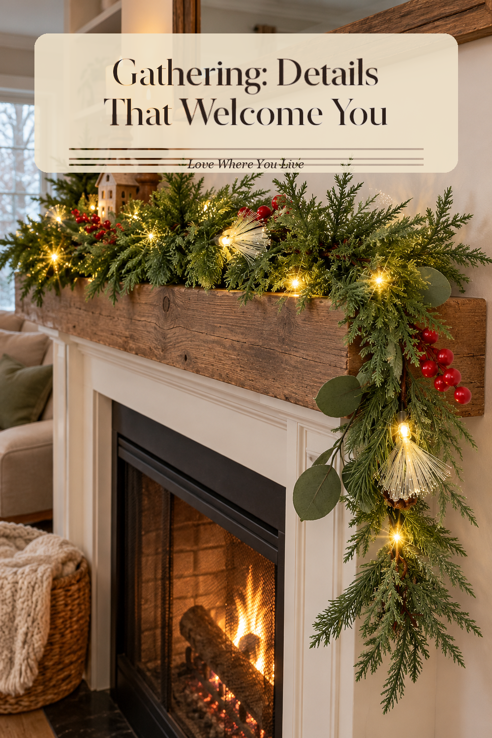 A realistic holiday garland in use in a naturally lit living room fireplace, photographed in a believable lived-in home.