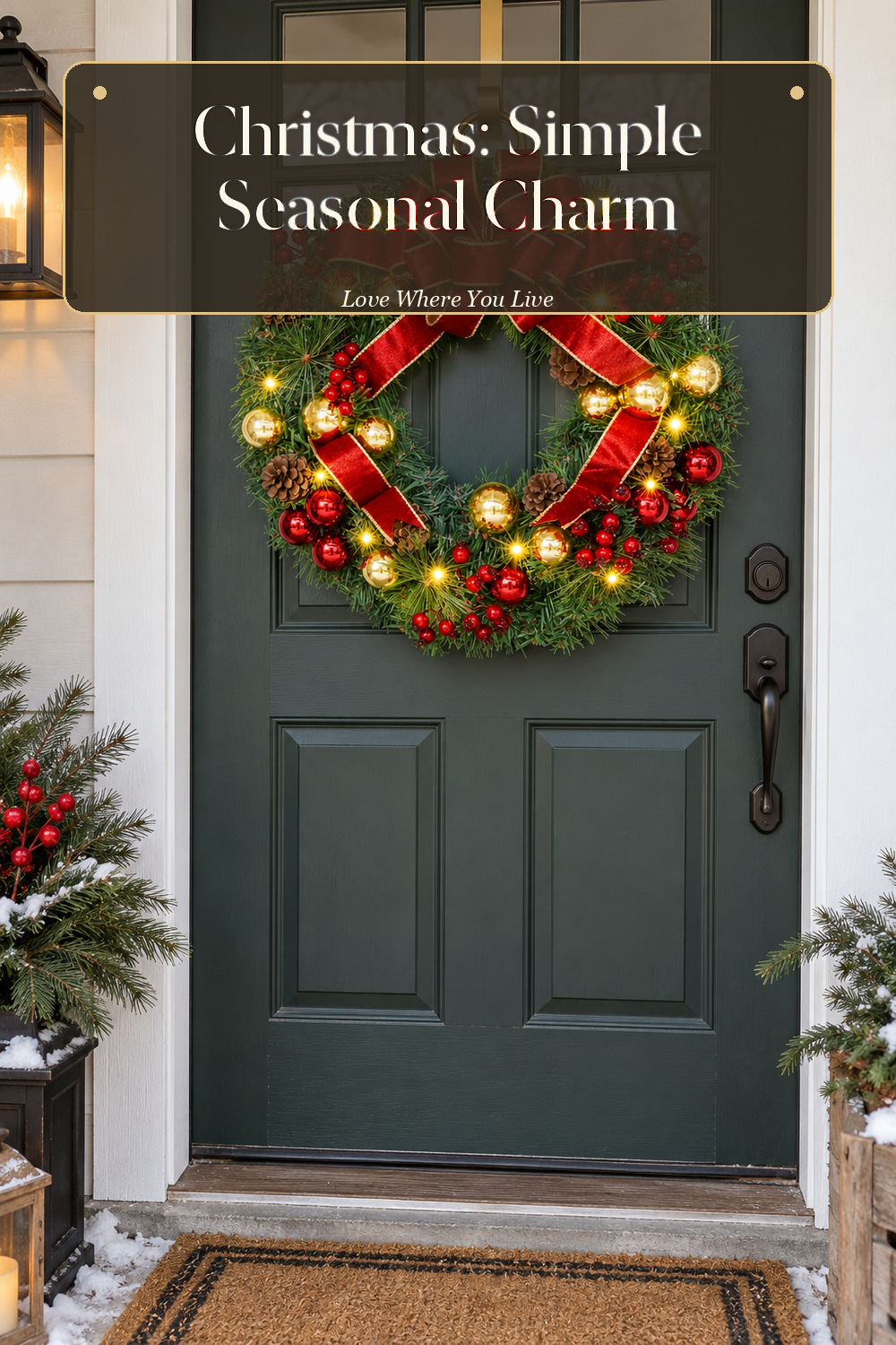 A realistic Christmas wreath in use in a naturally lit front porch, photographed in a believable lived-in home.