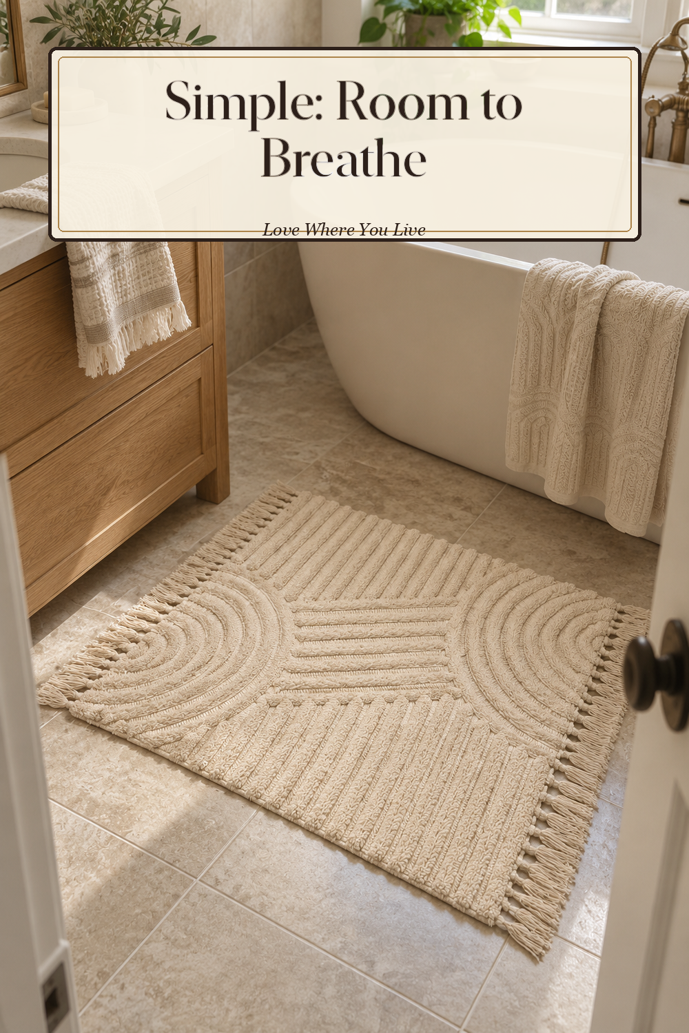 A realistic beautiful boho rug in use in a naturally lit bathroom, photographed in a believable lived-in home.