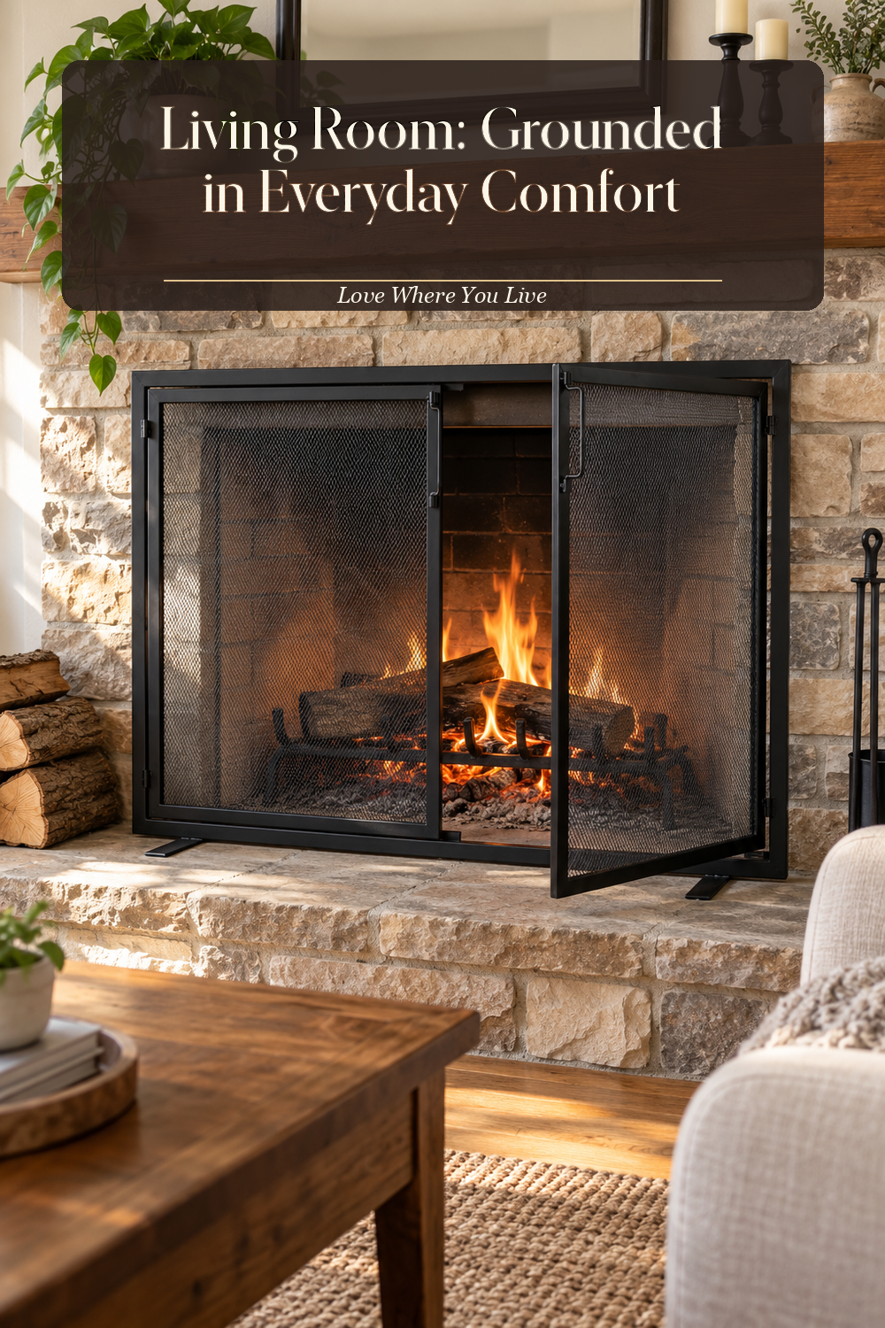 A realistic fireplace screen in use in a naturally lit living room hearth, photographed in a believable lived-in home.