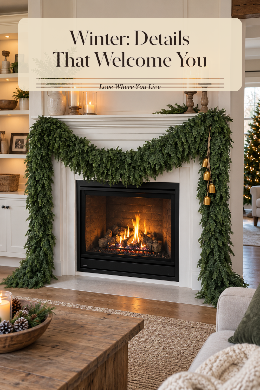 A realistic holiday garland in use in a naturally lit living room fireplace, photographed in a believable lived-in home.