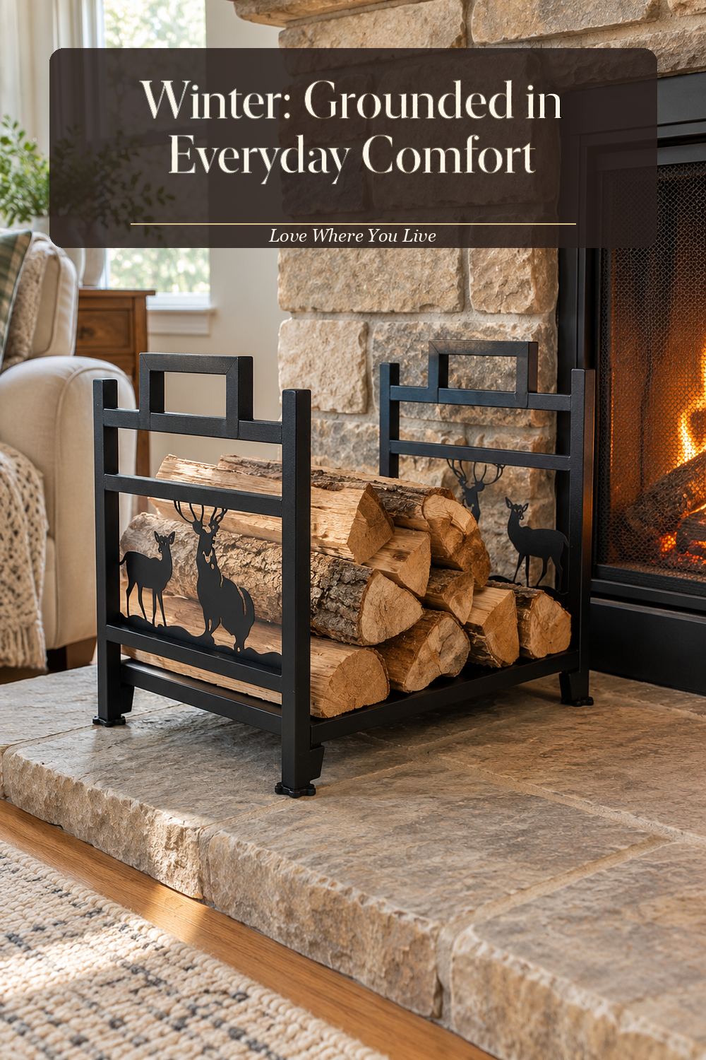 A realistic firewood holder in use in a naturally lit living room hearth, photographed in a believable lived-in home.