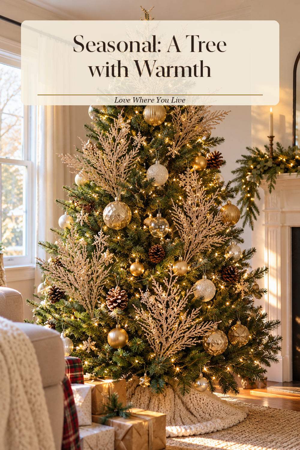 A realistic Christmas ornaments in use in a naturally lit living room Christmas tree, photographed in a believable lived-in home.