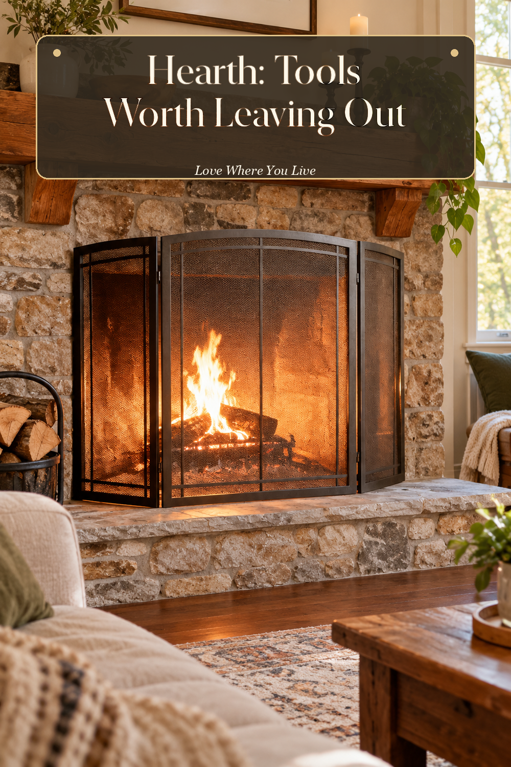 A realistic fireplace screen in use in a naturally lit living room hearth, photographed in a believable lived-in home.