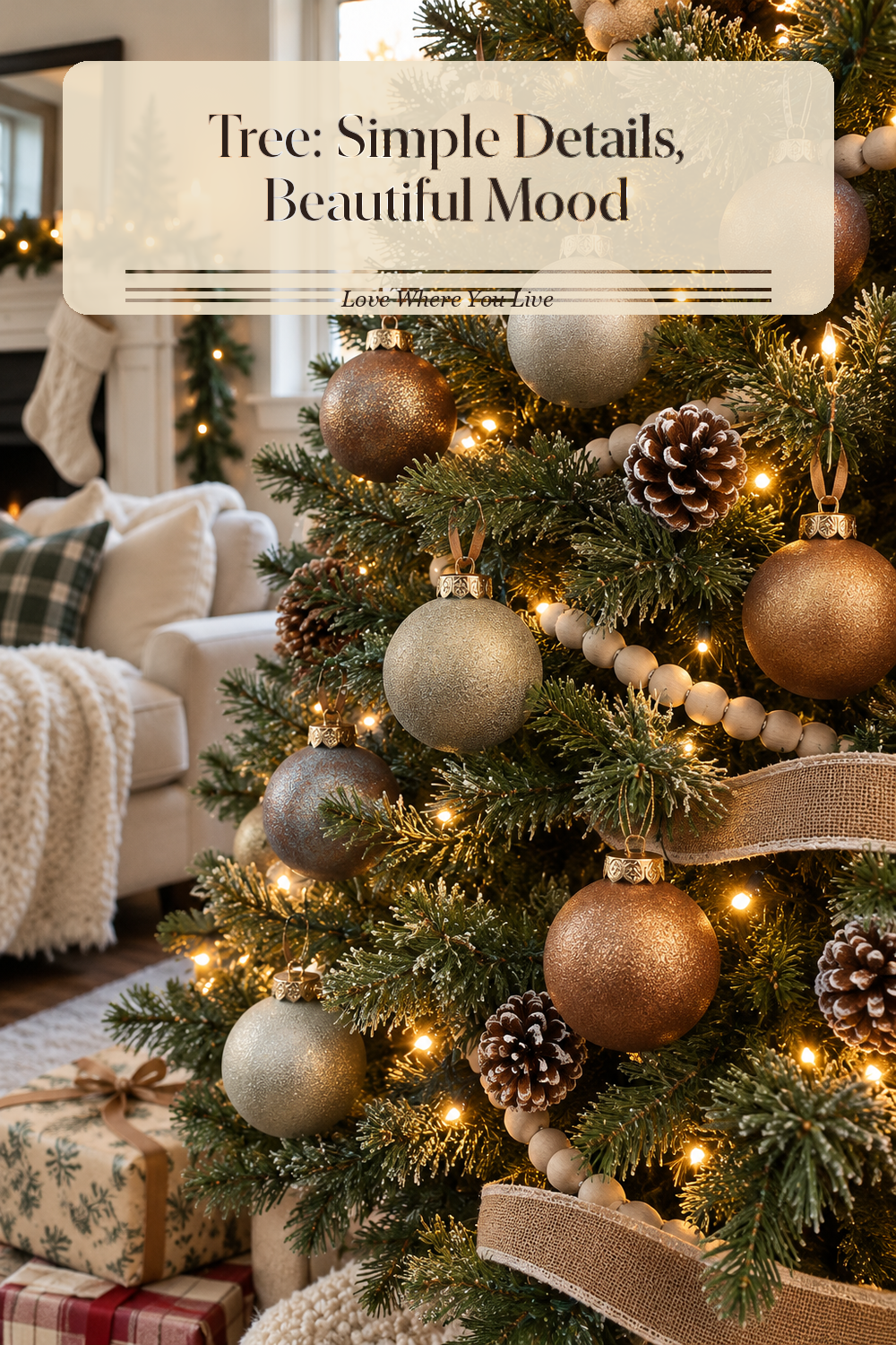 A realistic Christmas ornaments in use in a naturally lit living room Christmas tree, photographed in a believable lived-in home.