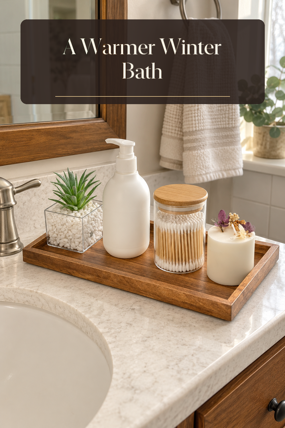 A realistic bathroom counter organizer in use in a naturally lit bathroom inside a believable lived-in home.