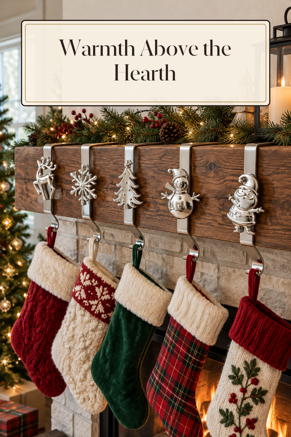 A realistic stocking holder in use in a naturally lit living room fireplace inside a believable lived-in home.