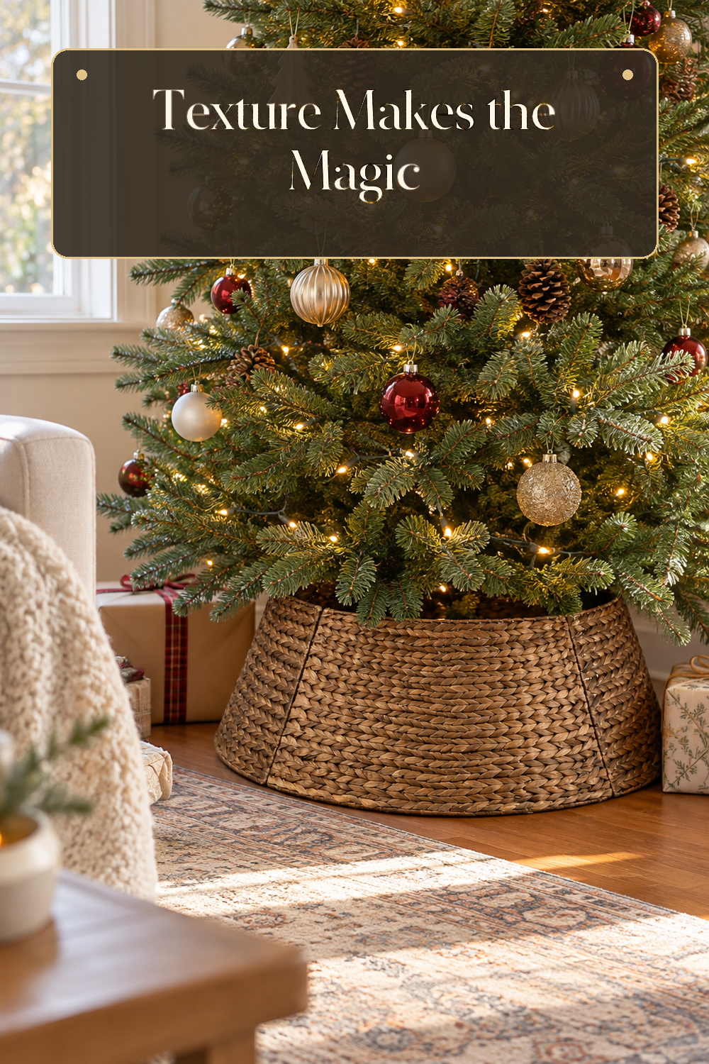 A realistic Christmas tree collar in use in a naturally lit living room Christmas tree inside a believable lived-in home.