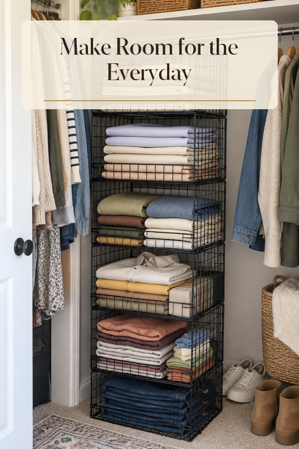 A realistic closet shelf organizer in use in a naturally lit bedroom closet inside a believable lived-in home.