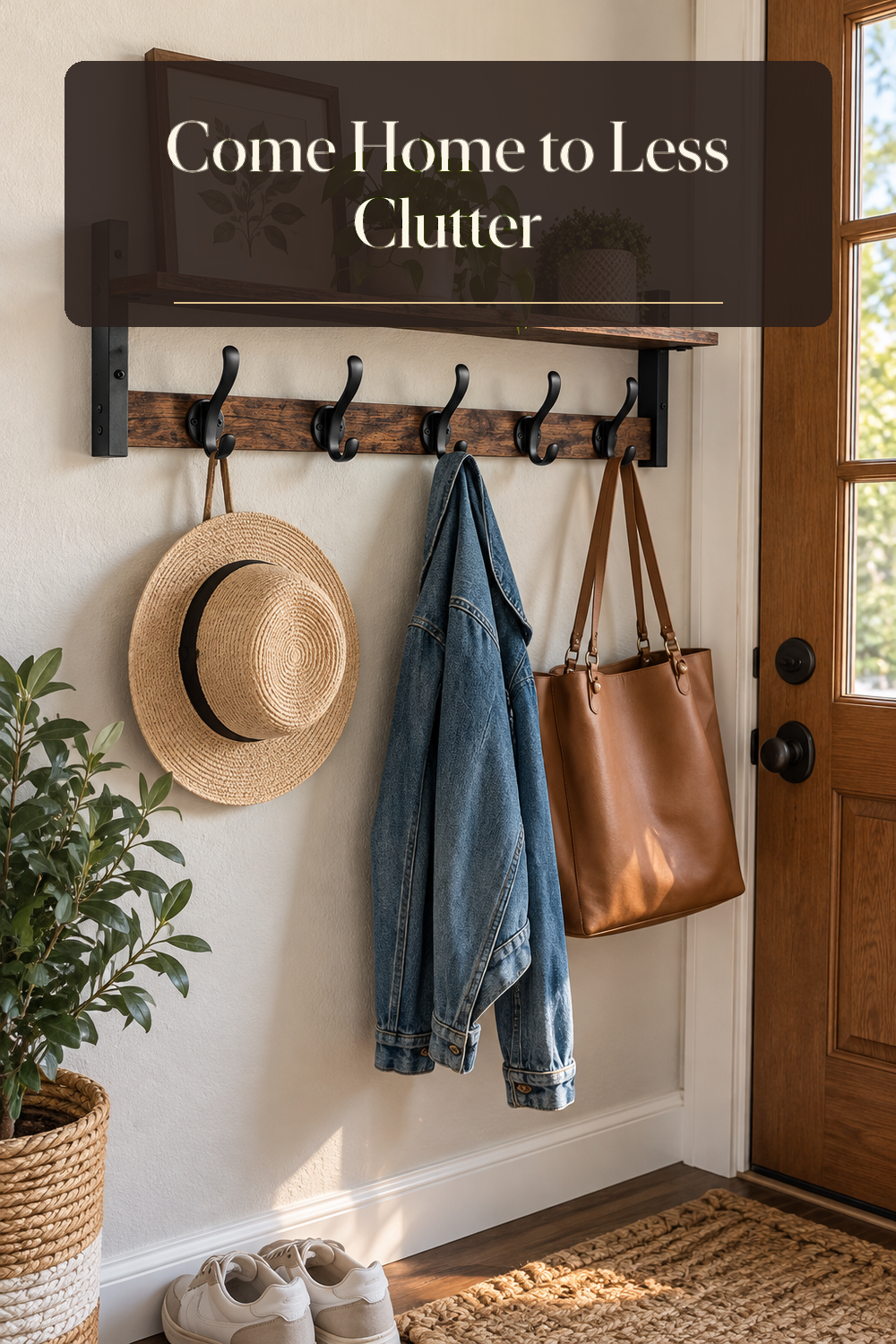 A realistic entryway wall hook shelf in use in a naturally lit entryway inside a believable lived-in home.