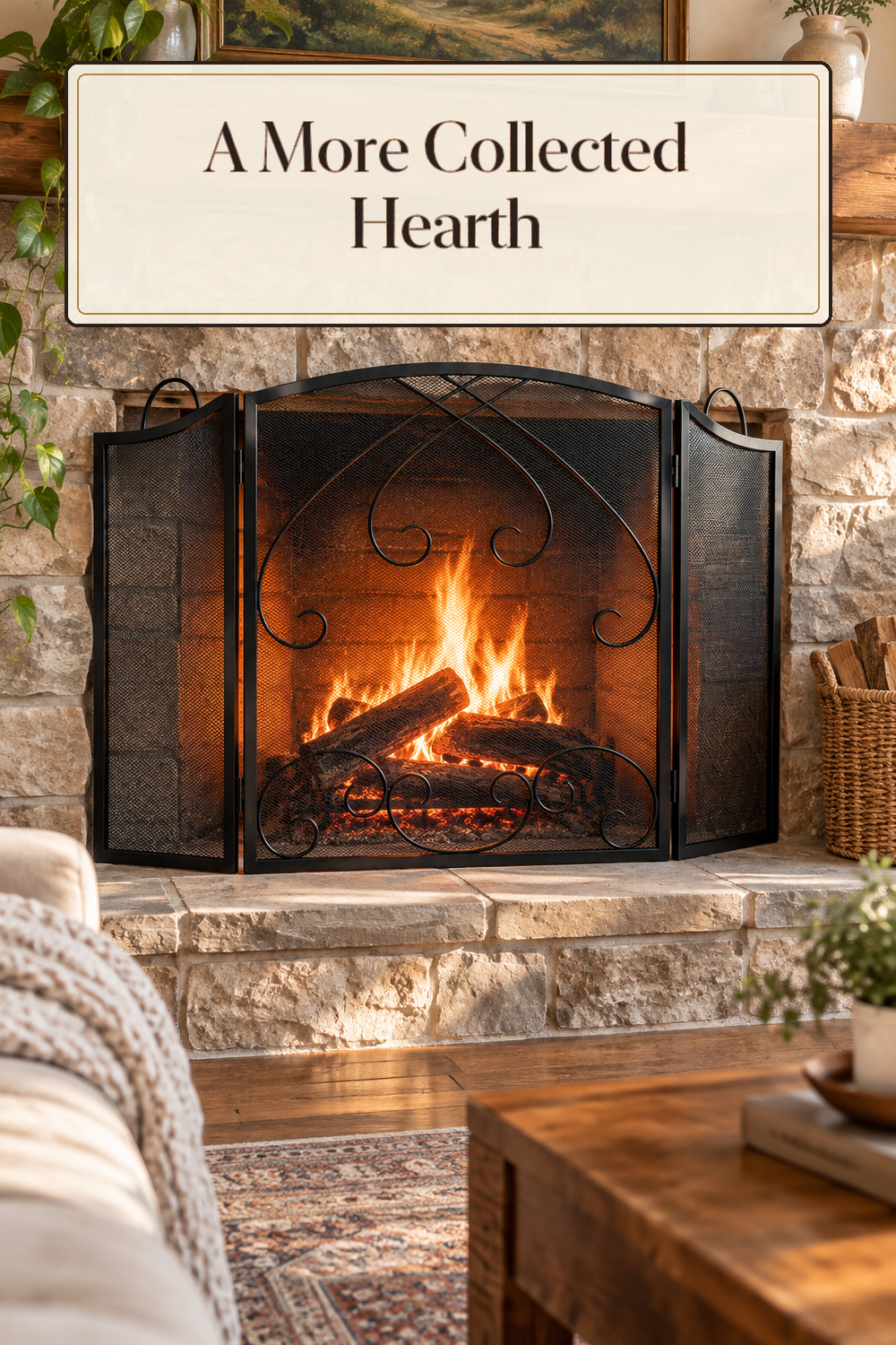 A realistic fireplace screen in use in a naturally lit living room hearth inside a believable lived-in home.