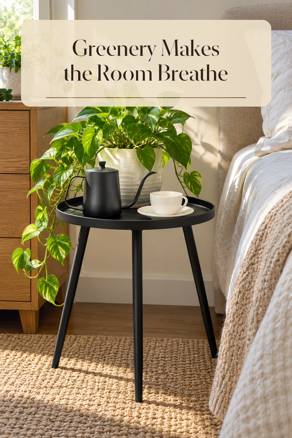 A realistic bedroom plant stand in use in a naturally lit bedroom inside a believable lived-in home.