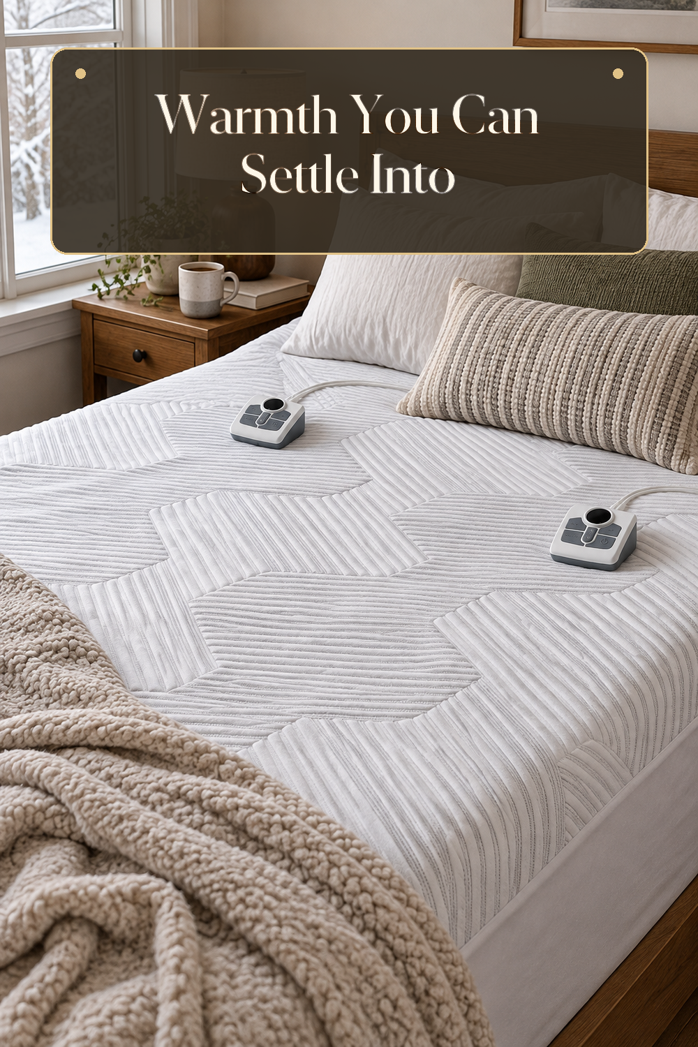 A realistic heated mattress pad in use in a naturally lit bedroom or living room inside a believable lived-in home.