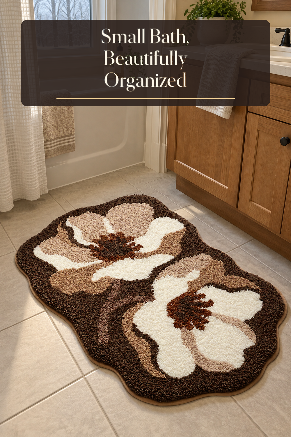 A realistic bathroom rug in use in a naturally lit bathroom inside a believable lived-in home.
