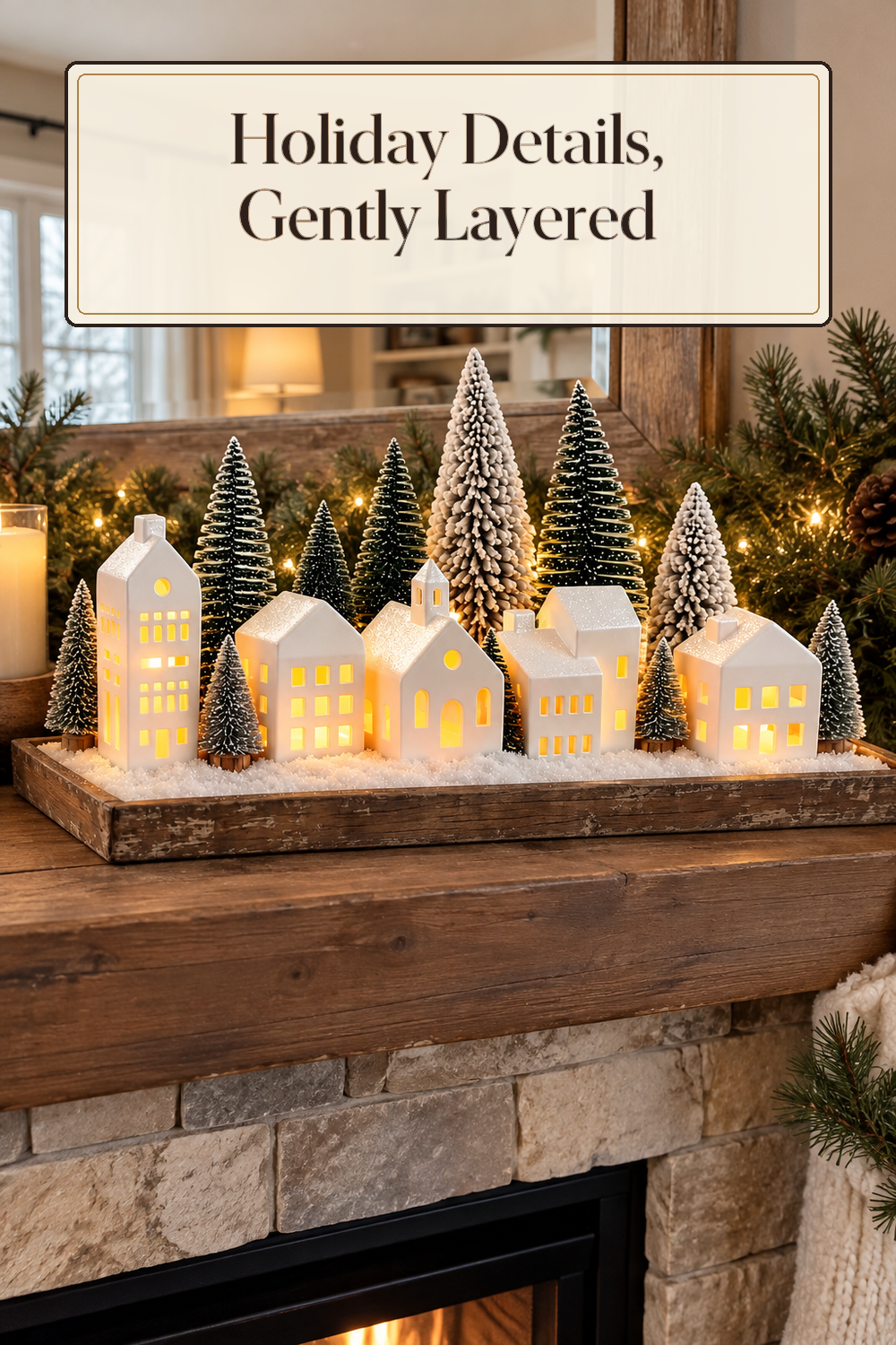 A realistic holiday village decor in use in a naturally lit living room fireplace inside a believable lived-in home.