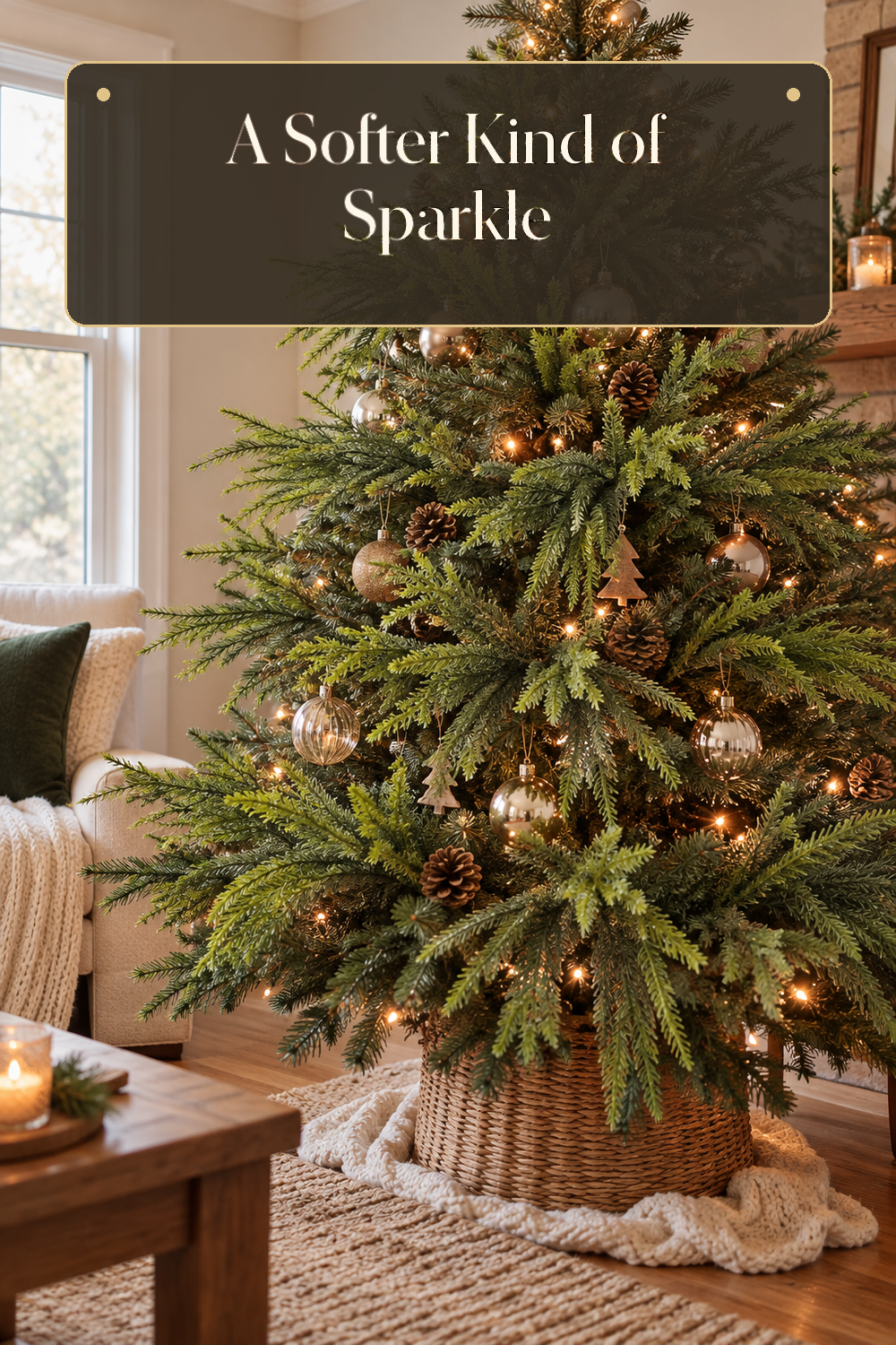 A realistic Christmas tree greenery in use in a naturally lit living room Christmas tree inside a believable lived-in home.