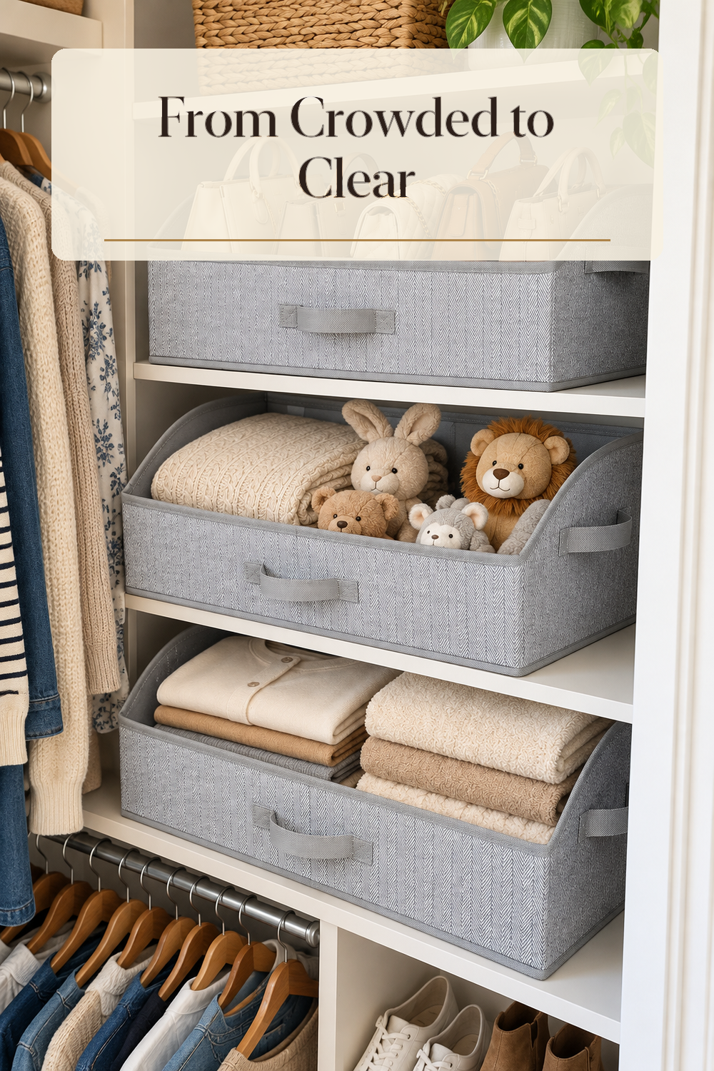 A realistic closet storage bins in use in a naturally lit bedroom closet inside a believable lived-in home.