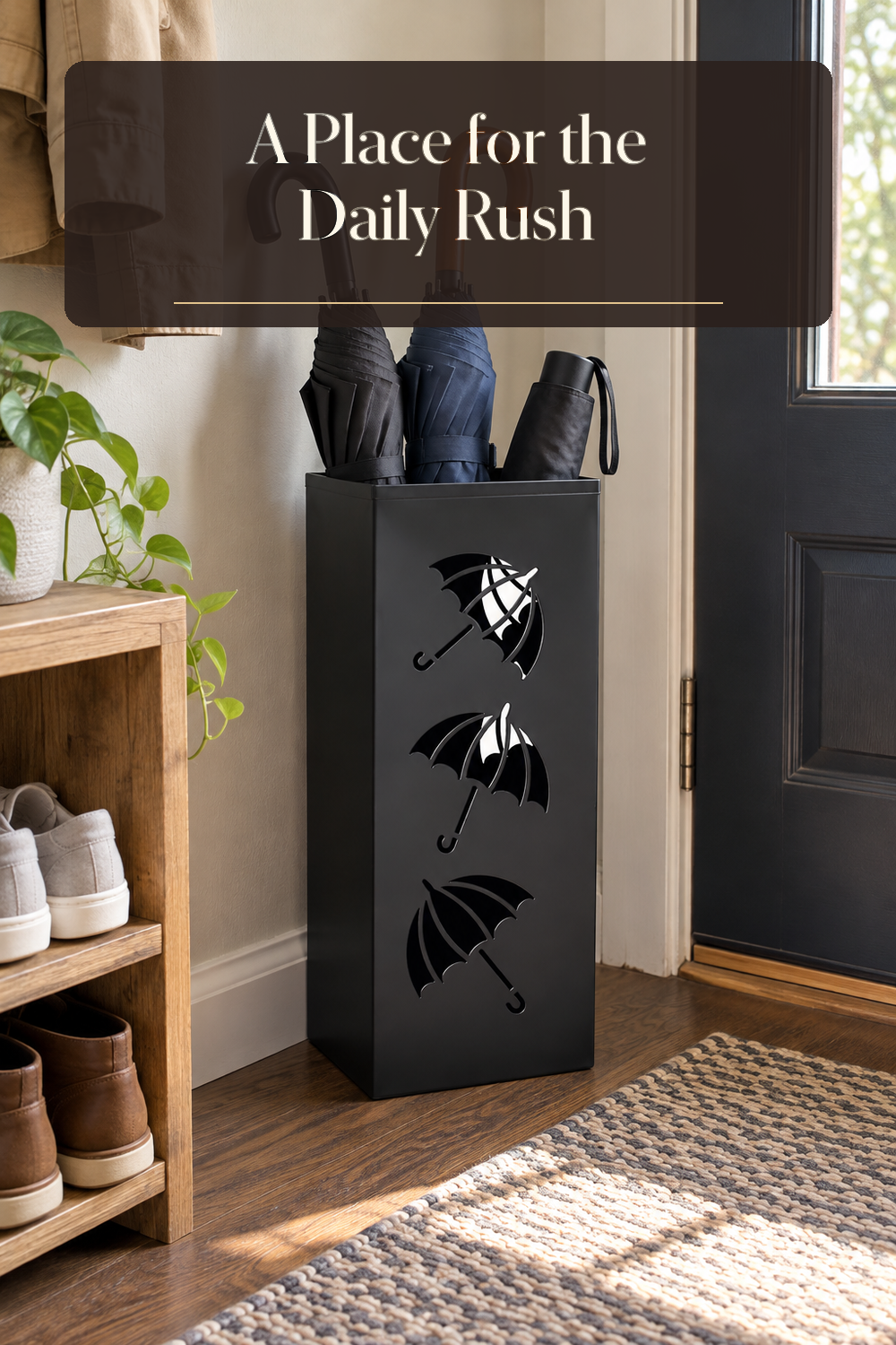 A realistic entryway umbrella stand in use in a naturally lit entryway inside a believable lived-in home.