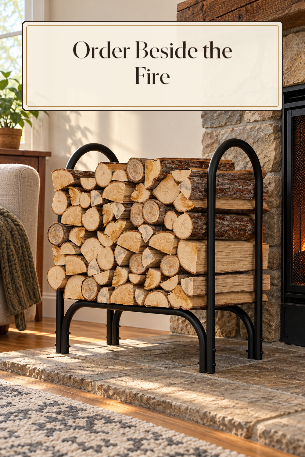 A realistic firewood holder in use in a naturally lit living room hearth inside a believable lived-in home.