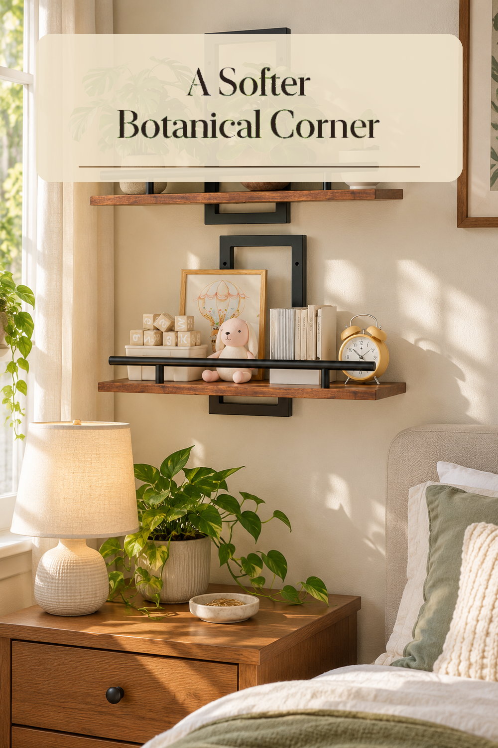 A realistic bedroom plant shelf in use in a naturally lit bedroom inside a believable lived-in home.