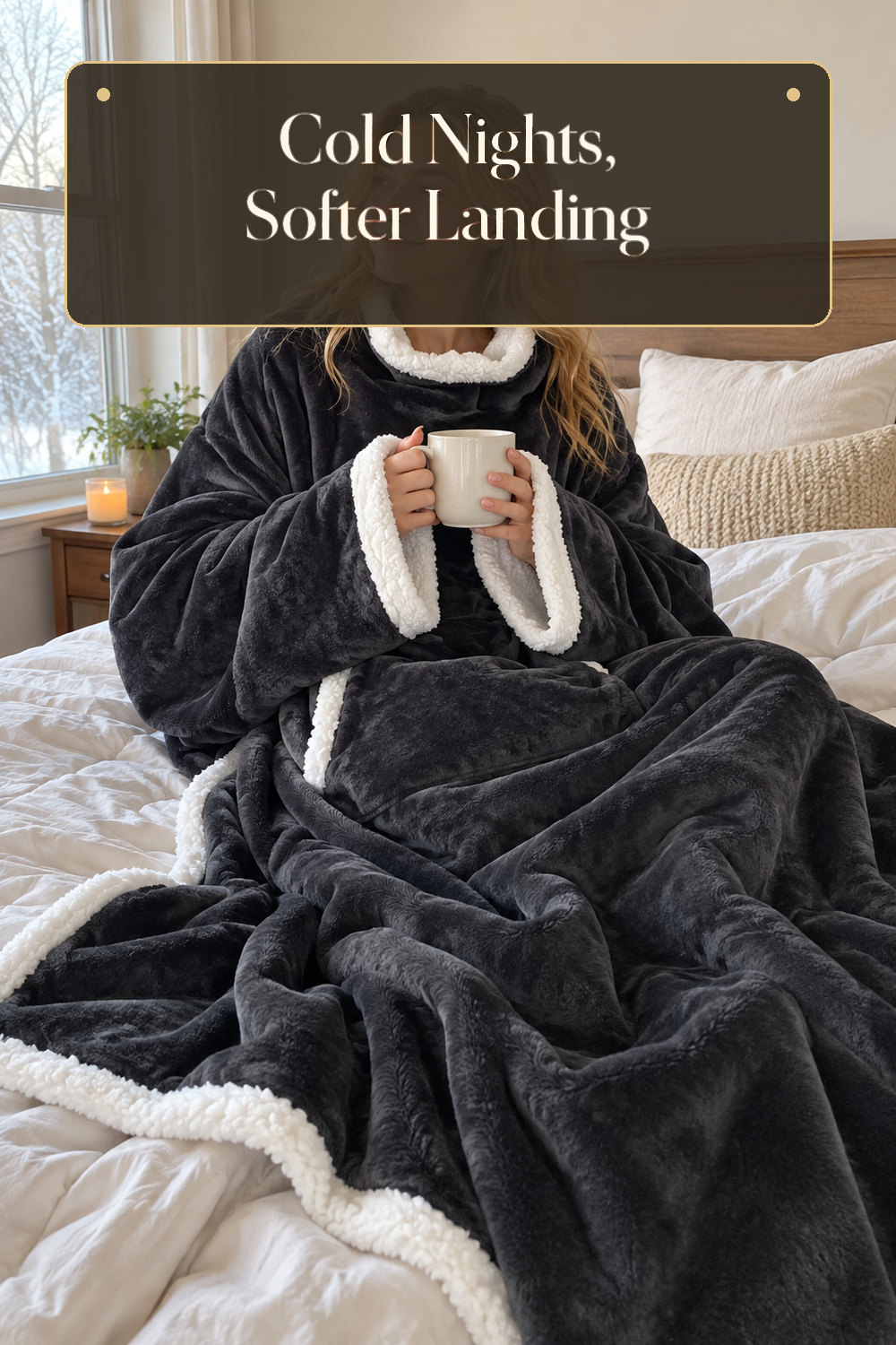 A realistic heated wearable blanket in use in a naturally lit bedroom or living room inside a believable lived-in home.