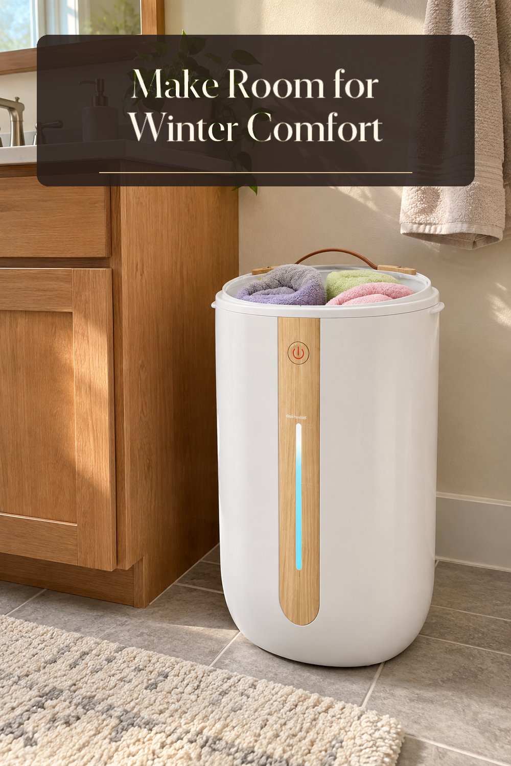 A realistic bathroom towel warmer in use in a naturally lit bathroom inside a believable lived-in home.