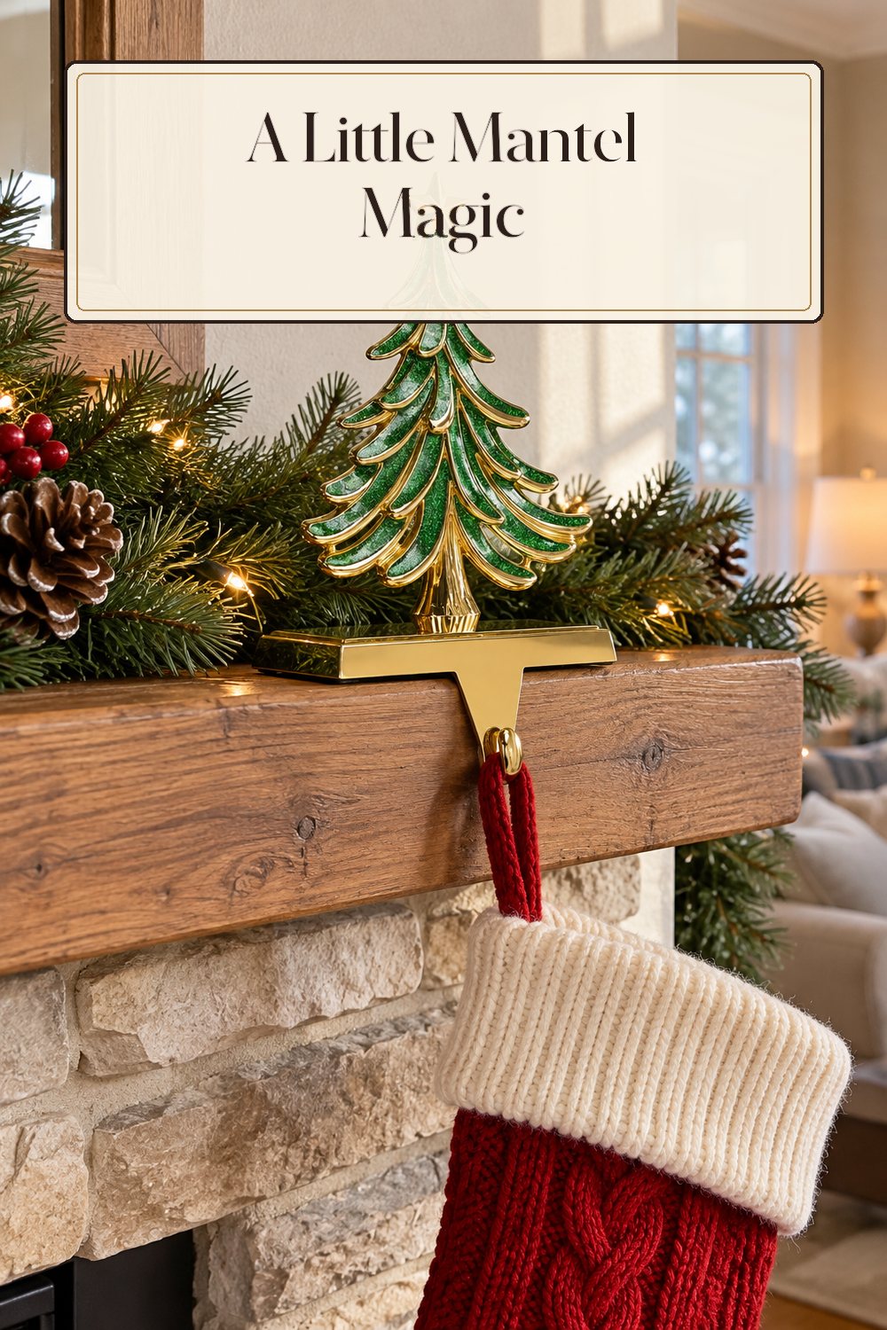 A realistic stocking holder in use in a naturally lit living room fireplace inside a believable lived-in home.