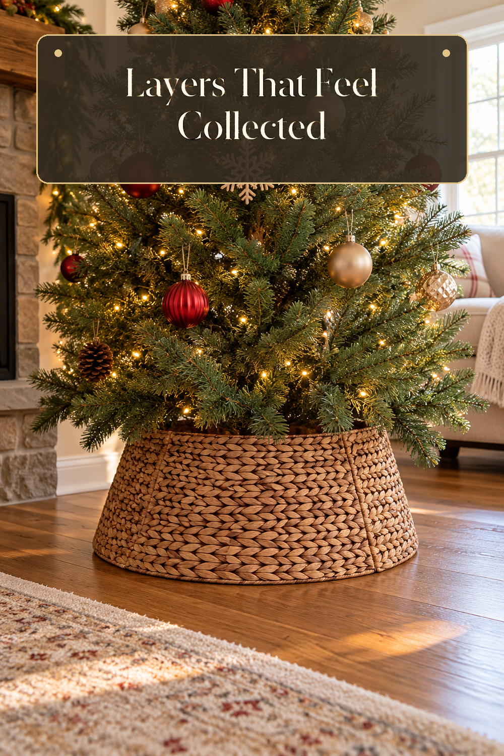 A realistic Christmas tree collar in use in a naturally lit living room Christmas tree inside a believable lived-in home.