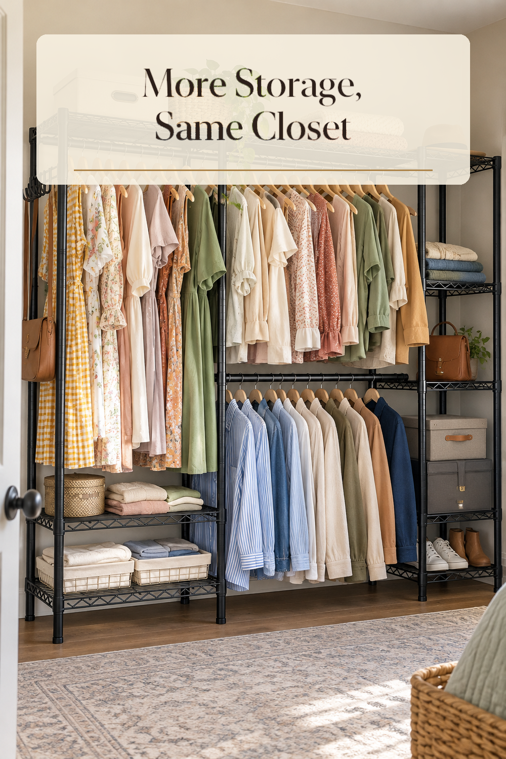A realistic clothes rack in use in a naturally lit bedroom closet inside a believable lived-in home.