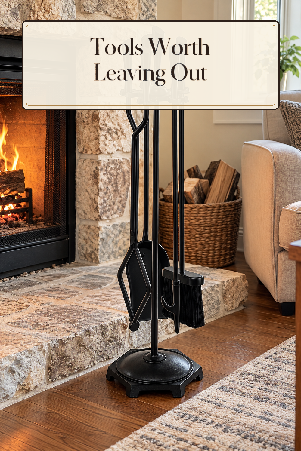 A realistic fireplace tool set in use in a naturally lit living room hearth inside a believable lived-in home.