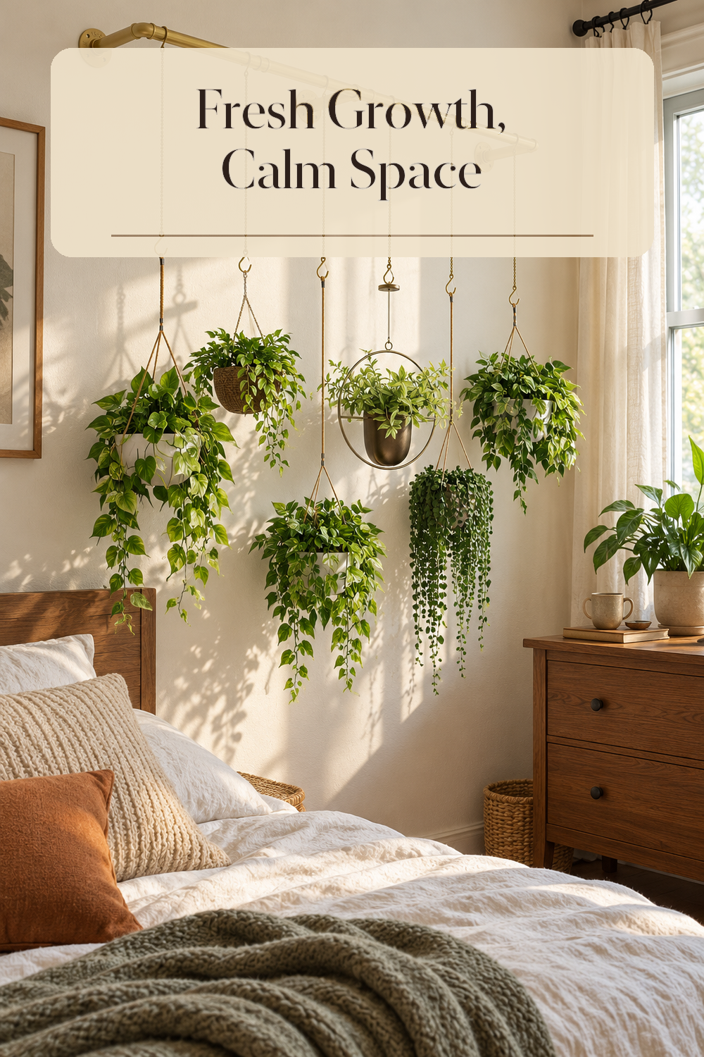 A realistic bedroom plant stand in use in a naturally lit bedroom inside a believable lived-in home.
