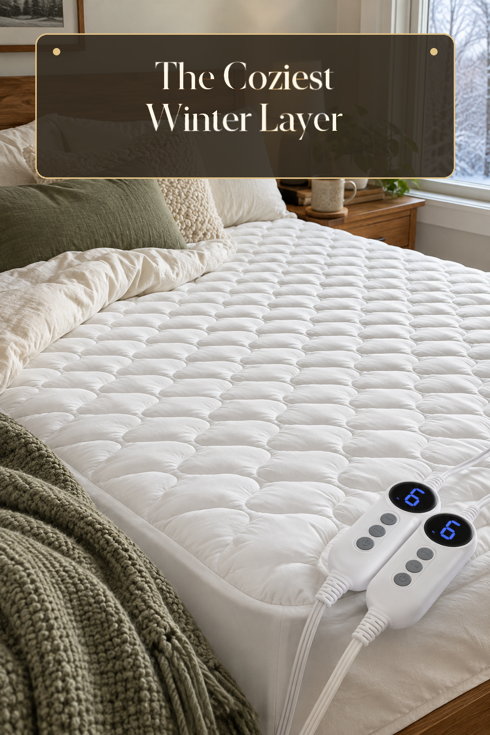 A realistic heated mattress pad in use in a naturally lit bedroom or living room inside a believable lived-in home.