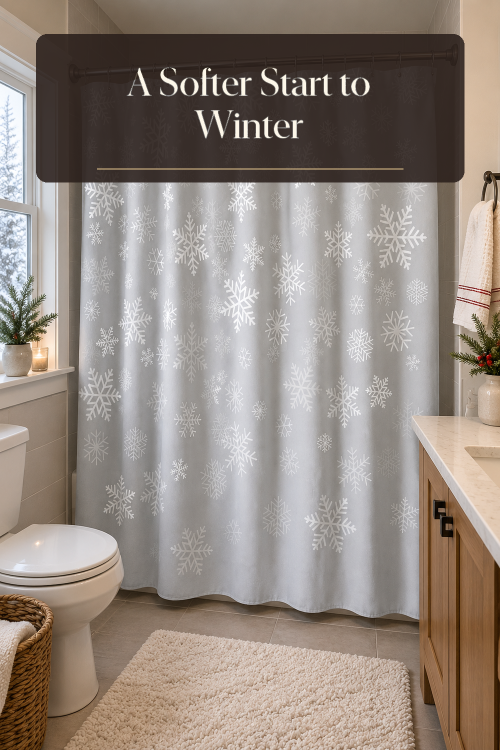 A realistic winter shower curtain in use in a naturally lit bathroom inside a believable lived-in home.