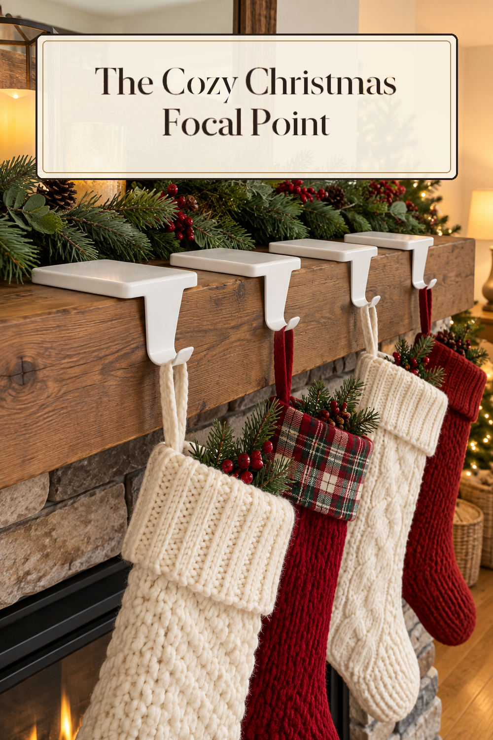 A realistic stocking holder in use in a naturally lit living room fireplace inside a believable lived-in home.
