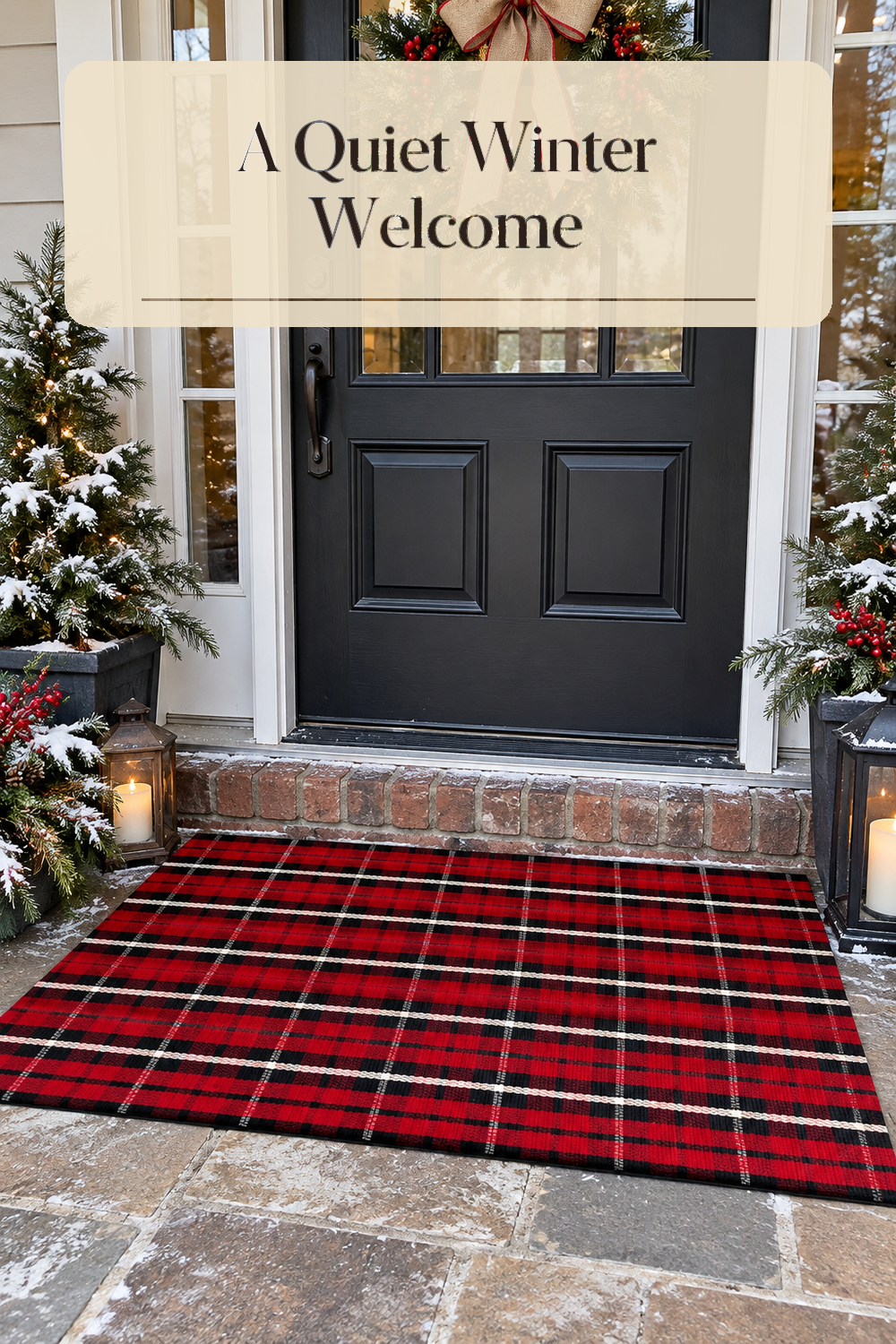 A realistic Christmas porch rug in use in a naturally lit front porch inside a believable lived-in home.