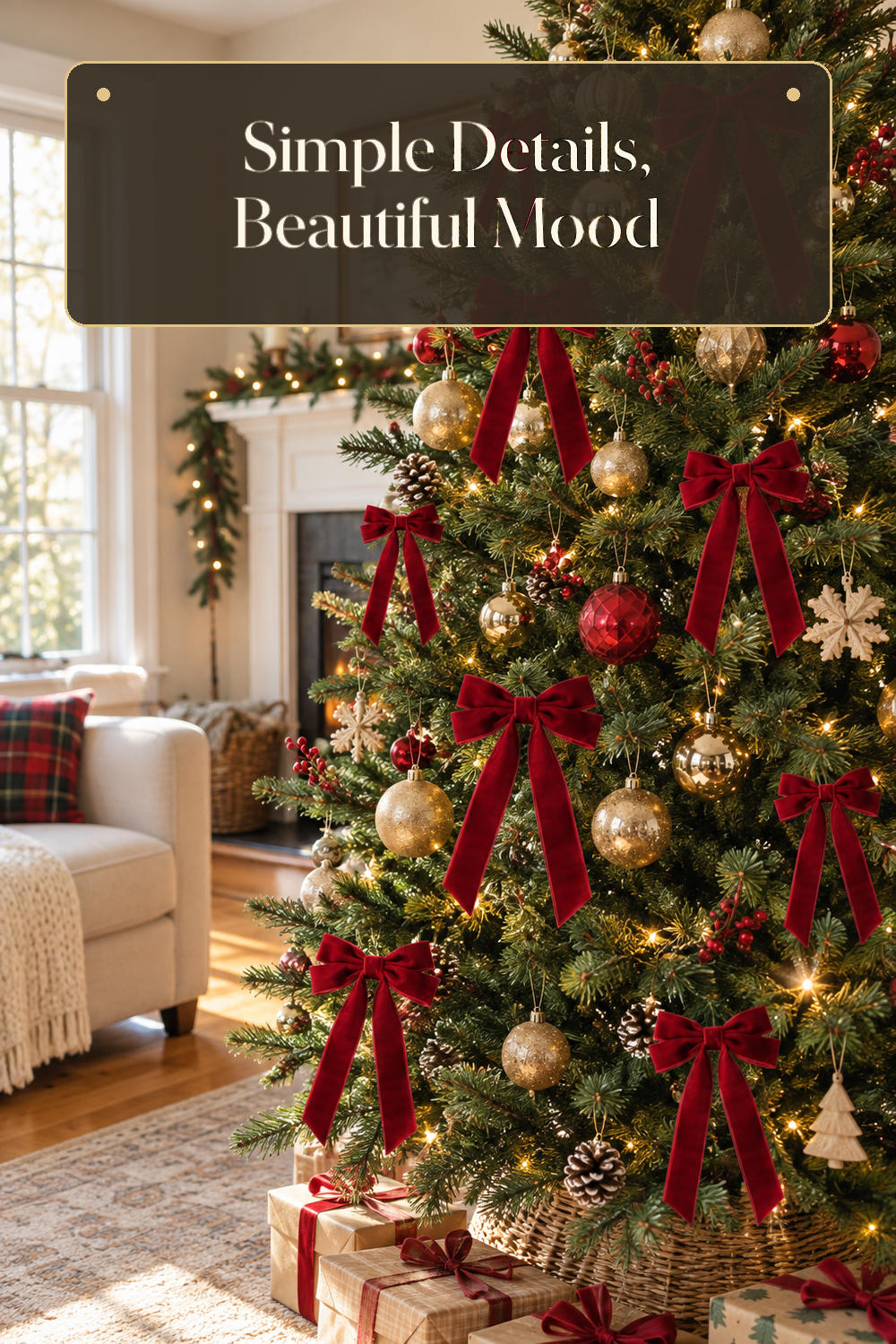 A realistic Christmas tree ornaments in use in a naturally lit living room Christmas tree inside a believable lived-in home.