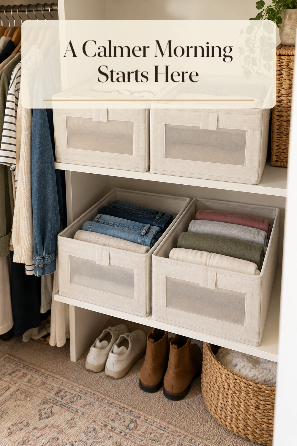 A realistic closet storage bins in use in a naturally lit bedroom closet inside a believable lived-in home.