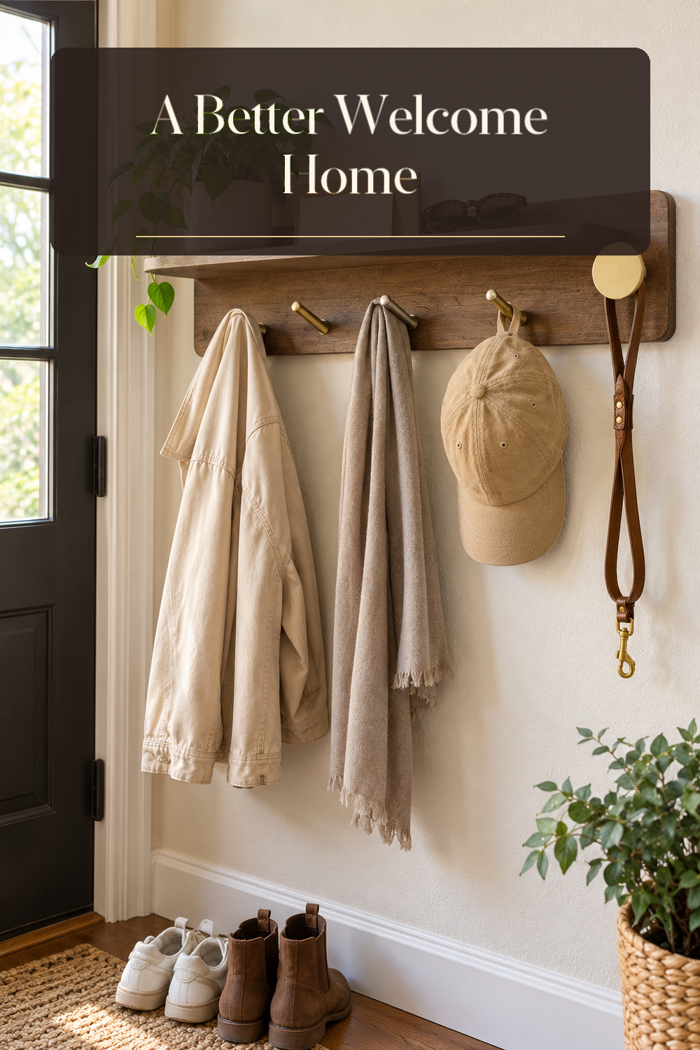 A realistic entryway wall hook shelf in use in a naturally lit entryway inside a believable lived-in home.